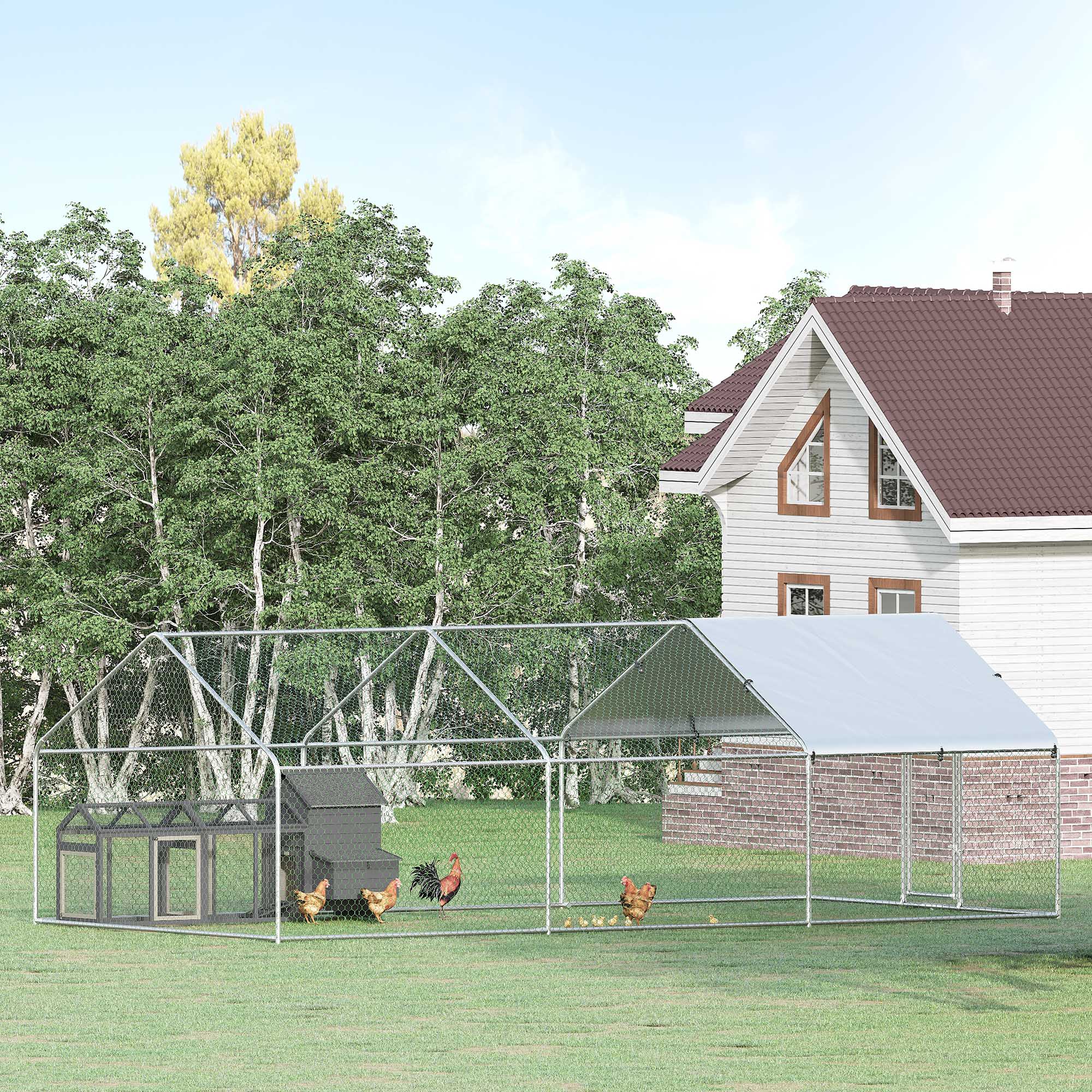 Large Outdoor Galvanized Metal Chicken Coop 3.03x6x1.95 m 3-Room Chicken Cage Oxford Fabric Cover UV and Water Resistant for Yard Silver