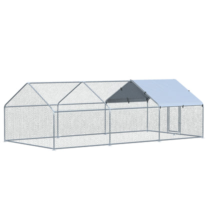 Large Outdoor Galvanized Metal Chicken Coop 3.03x6x1.95 m 3-Room Chicken Cage Oxford Fabric Cover UV and Water Resistant for Yard Silver
