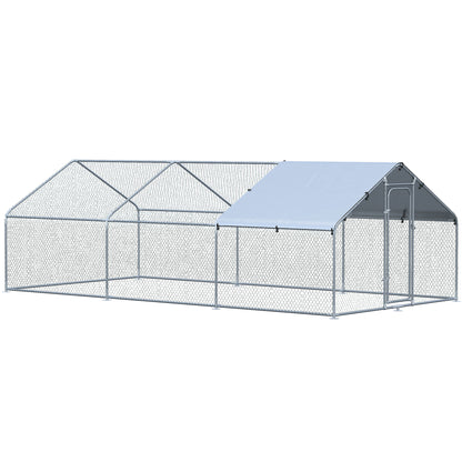 Large Outdoor Galvanized Metal Chicken Coop 3.03x6x1.95 m 3-Room Chicken Cage Oxford Fabric Cover UV and Water Resistant for Yard Silver