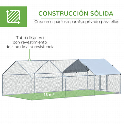 Large Outdoor Galvanized Metal Chicken Coop 3.03x6x1.95 m 3-Room Chicken Cage Oxford Fabric Cover UV and Water Resistant for Yard Silver