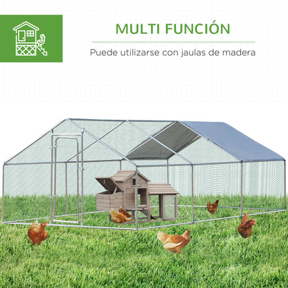 Large Outdoor Galvanized Metal Chicken Coop 3.03x6x1.95 m 3-Room Chicken Cage Oxford Fabric Cover UV and Water Resistant for Yard Silver