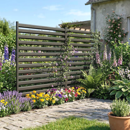 Garden Fence 2 Panels 59.8 x 35.8 in Metal Privacy Fence with Posts & End Caps, Plug-In Decorative Rust-Resistant Outdoor Panels for Trash, Pool, No-Dig Installation, Black