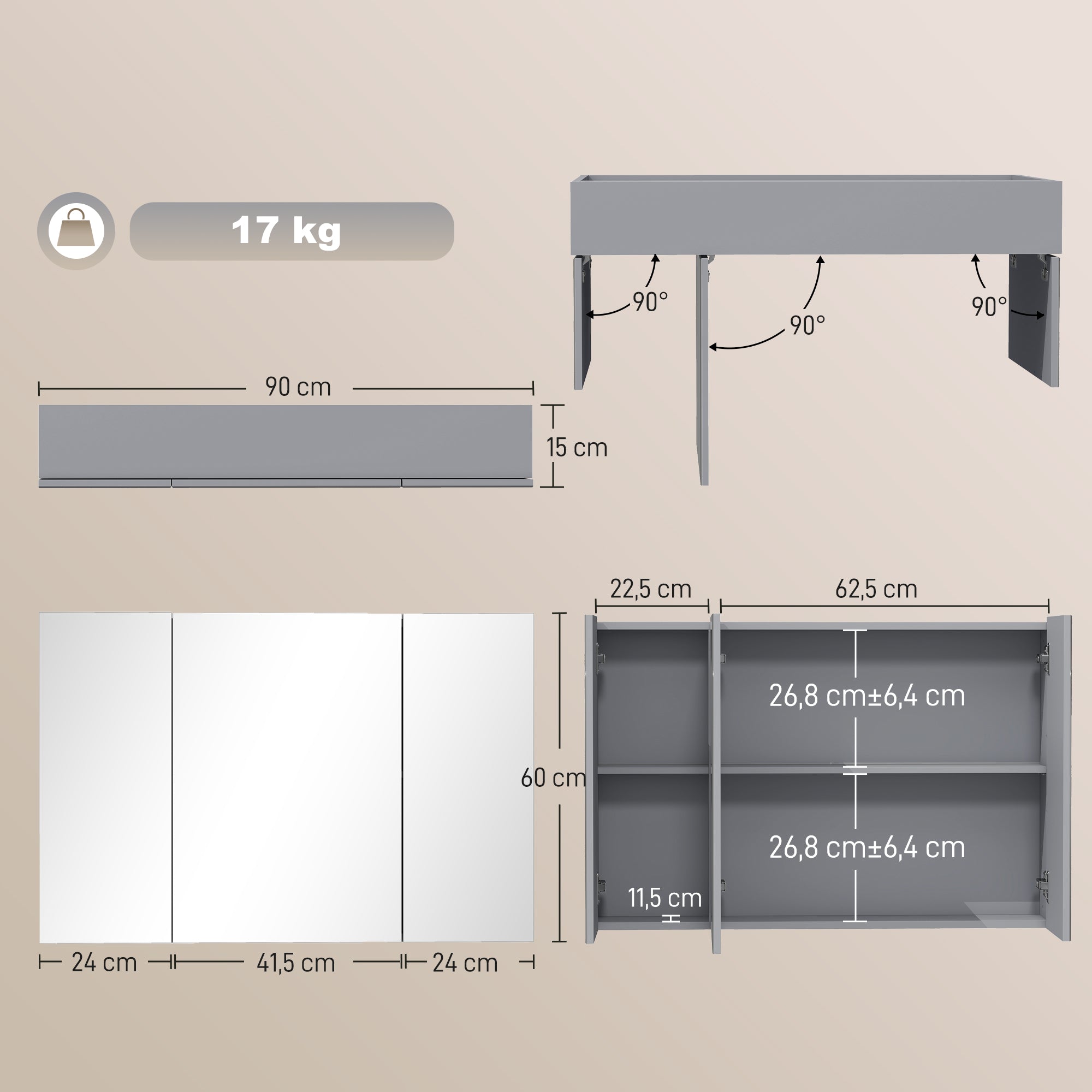 3-Door Wall-Mounted Bathroom Mirror Cabinet with Adjustable Shelves and Soft-Close Hinges — Gray, 35.4 x 5.9 x 23.6 in