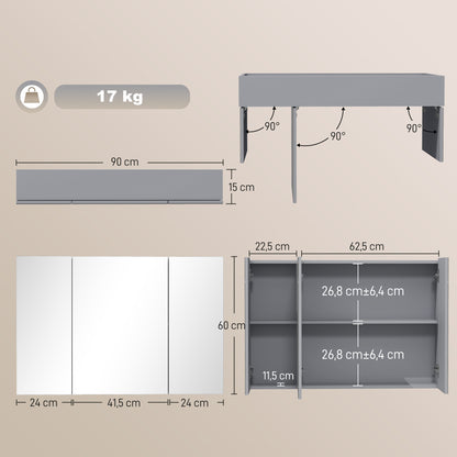 3-Door Wall-Mounted Bathroom Mirror Cabinet with Adjustable Shelves and Soft-Close Hinges — Gray, 35.4 x 5.9 x 23.6 in