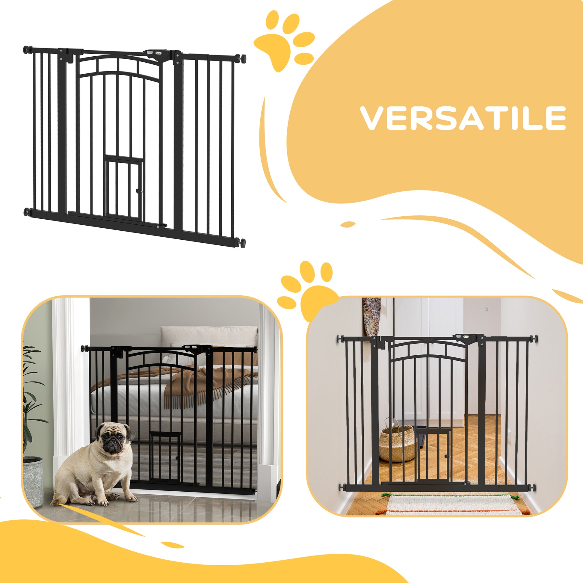 Extensible Small and Medium Dog Gate with Auto-Close, Steel and PA Safety Gate, 74-100x76 cm, Black