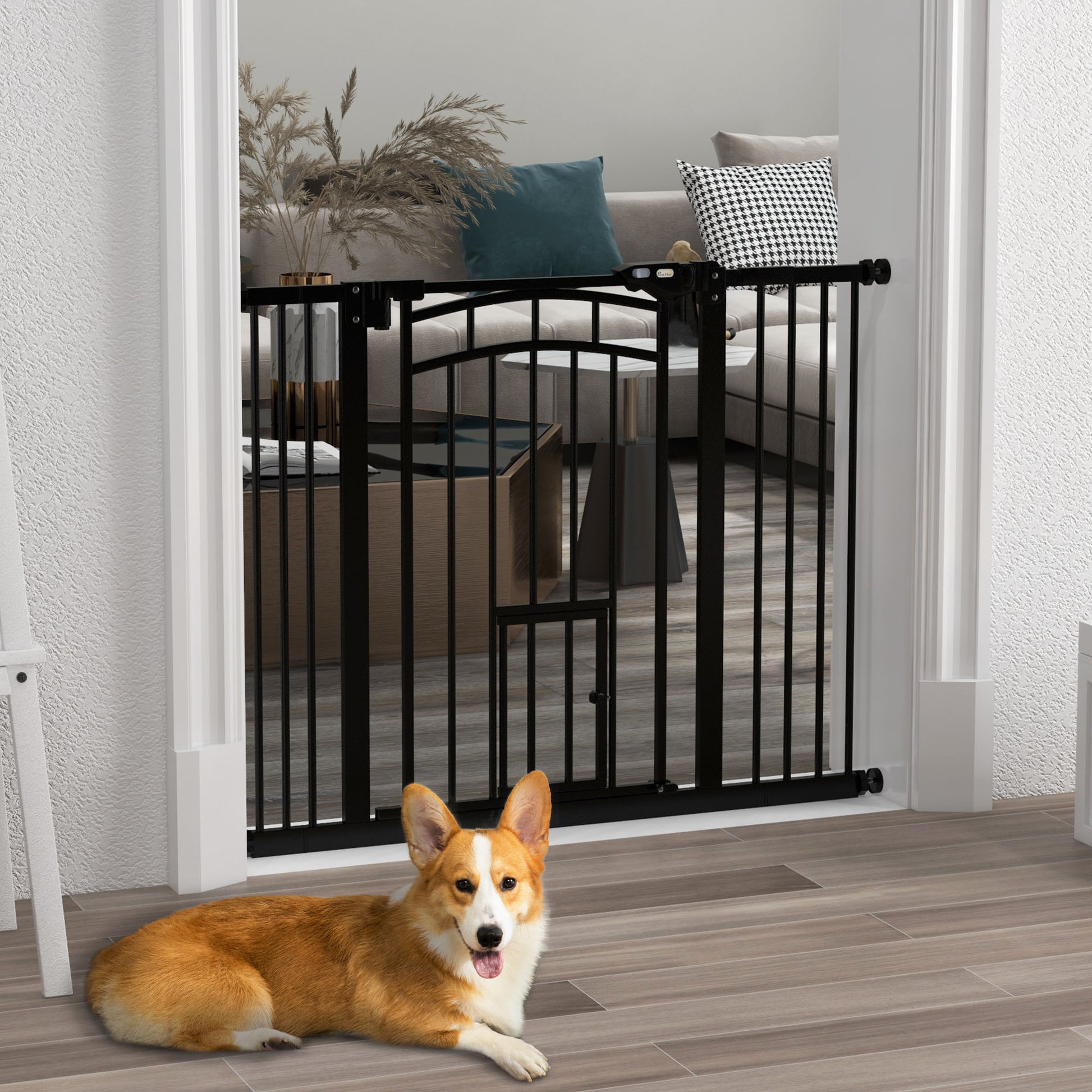 Extensible Small and Medium Dog Gate with Auto-Close, Steel and PA Safety Gate, 74-100x76 cm, Black
