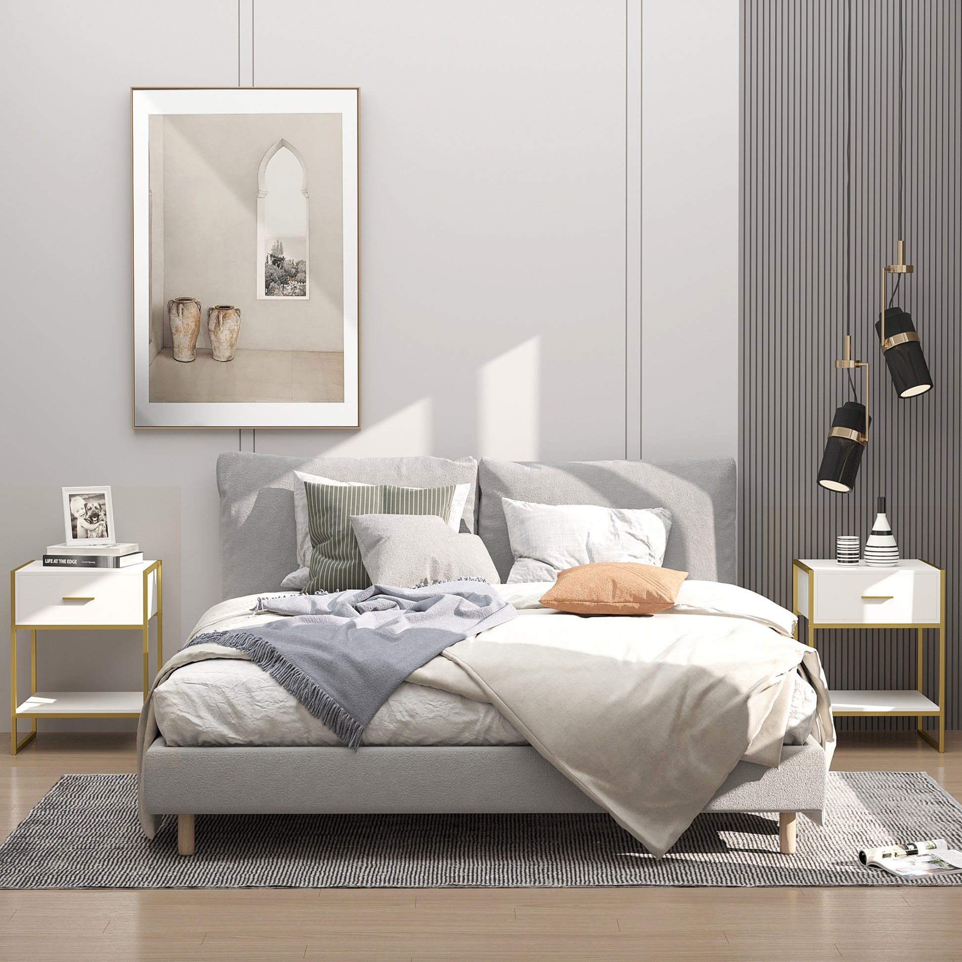 Set of 2 Modern Bedside Tables, 2 Bedside Tables for Bedroom and Living Room, with Drawer and Open Shelf, Modern Design, in MDF and Steel, 45x40x60cm, White and Gold