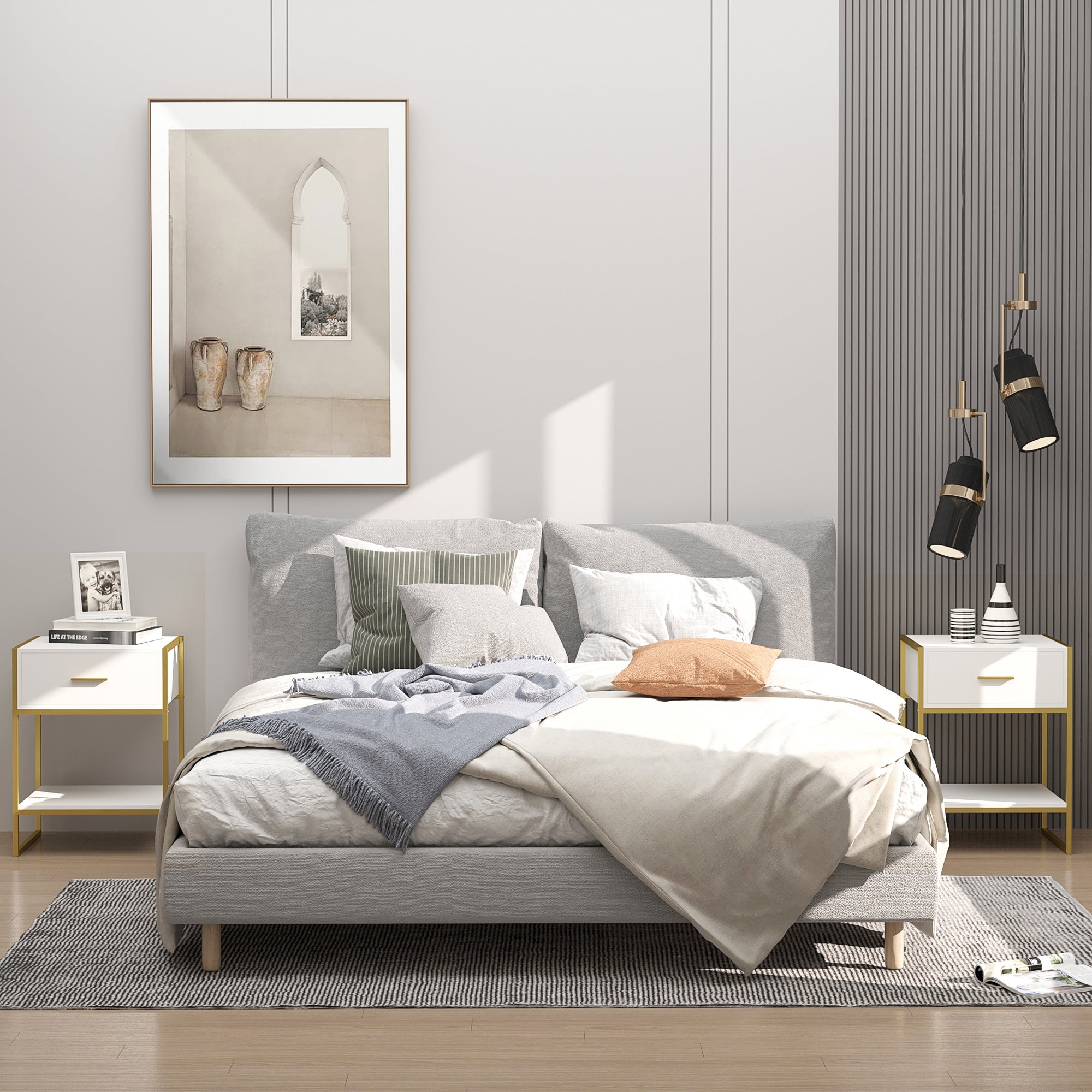 Set of 2 Modern Bedside Tables, 2 Bedside Tables for Bedroom and Living Room, with Drawer and Open Shelf, Modern Design, in MDF and Steel, 45x40x60cm, White and Gold