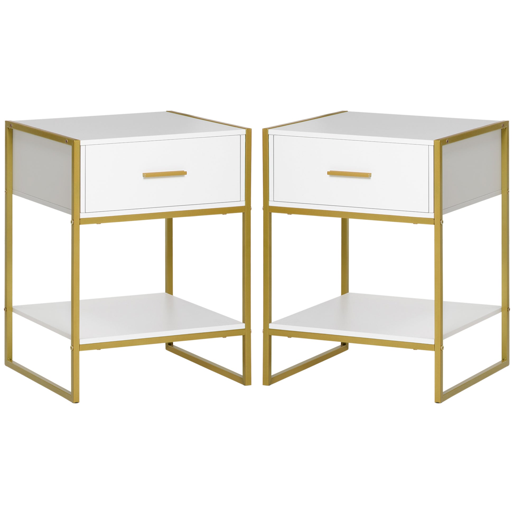 Set of 2 Modern Bedside Tables, 2 Bedside Tables for Bedroom and Living Room, with Drawer and Open Shelf, Modern Design, in MDF and Steel, 45x40x60cm, White and Gold