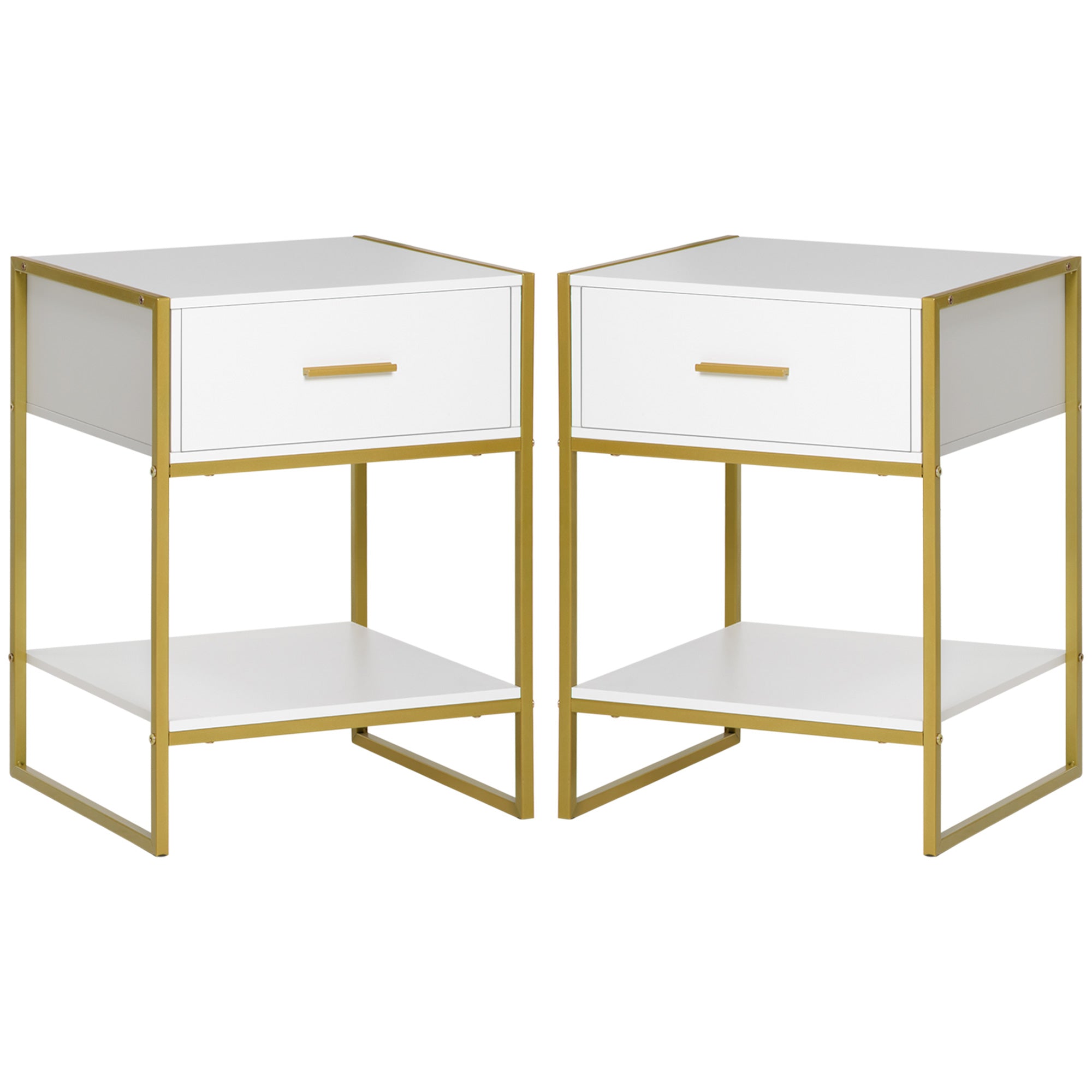 Set of 2 Modern Bedside Tables, 2 Bedside Tables for Bedroom and Living Room, with Drawer and Open Shelf, Modern Design, in MDF and Steel, 45x40x60cm, White and Gold