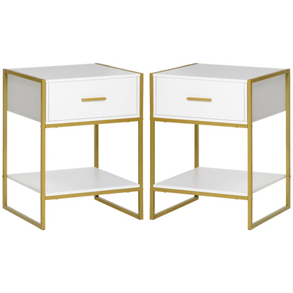 Set of 2 Modern Bedside Tables, 2 Bedside Tables for Bedroom and Living Room, with Drawer and Open Shelf, Modern Design, in MDF and Steel, 45x40x60cm, White and Gold