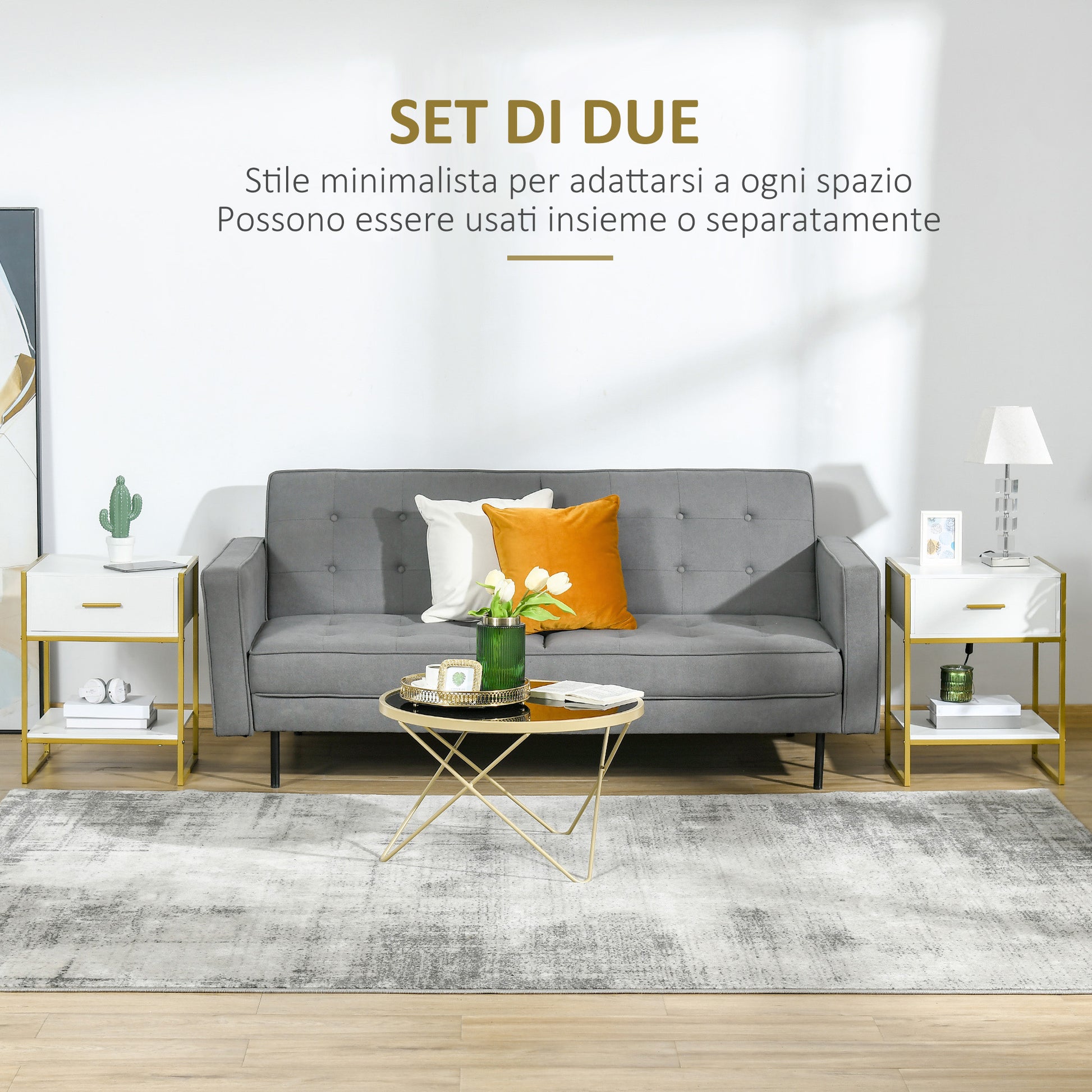 Set of 2 Modern Bedside Tables, 2 Bedside Tables for Bedroom and Living Room, with Drawer and Open Shelf, Modern Design, in MDF and Steel, 45x40x60cm, White and Gold