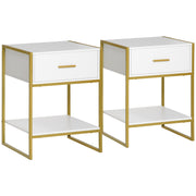 Set of 2 Modern Bedside Tables, 2 Bedside Tables for Bedroom and Living Room, with Drawer and Open Shelf, Modern Design, in MDF and Steel, 45x40x60cm, White and Gold
