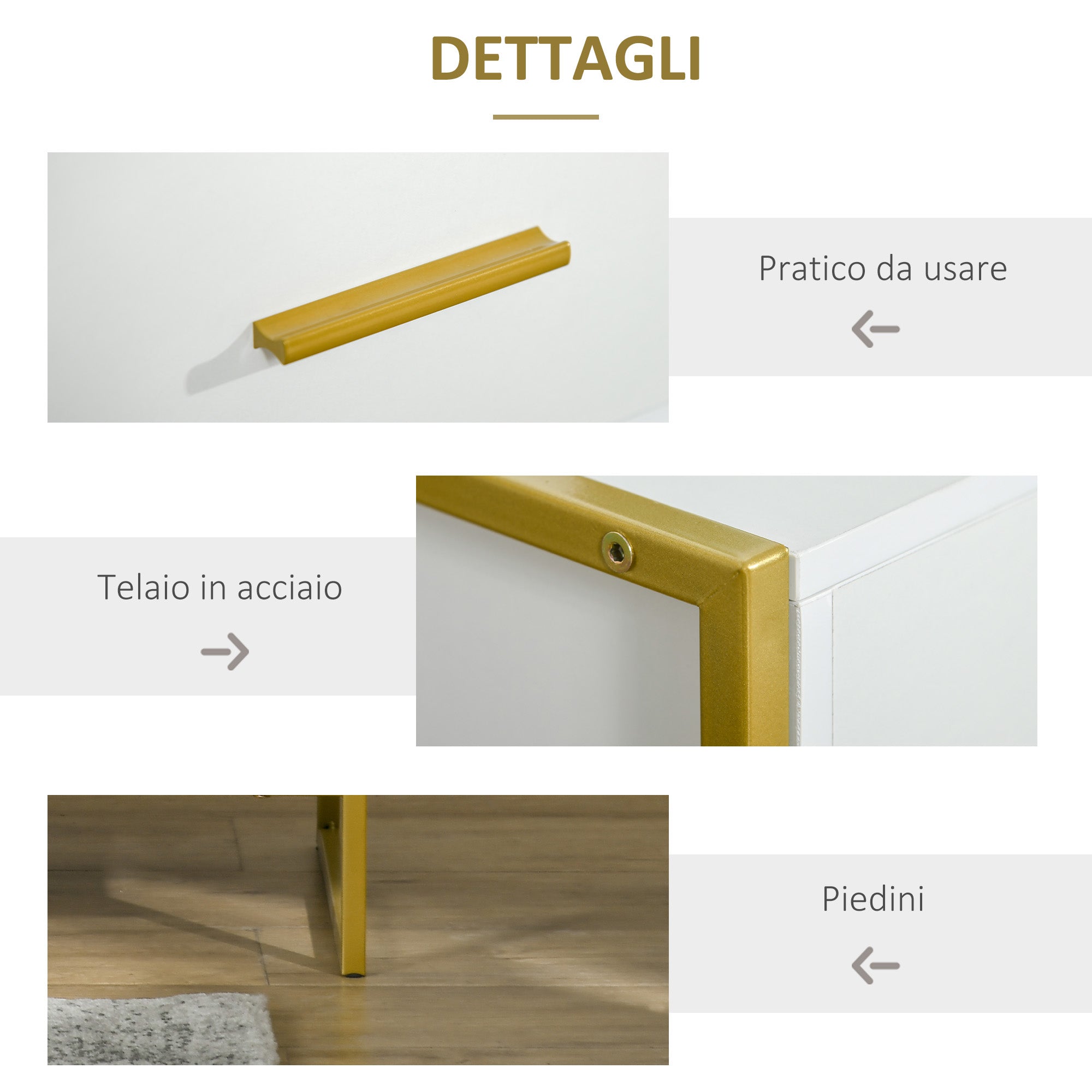 Set of 2 Modern Bedside Tables, 2 Bedside Tables for Bedroom and Living Room, with Drawer and Open Shelf, Modern Design, in MDF and Steel, 45x40x60cm, White and Gold