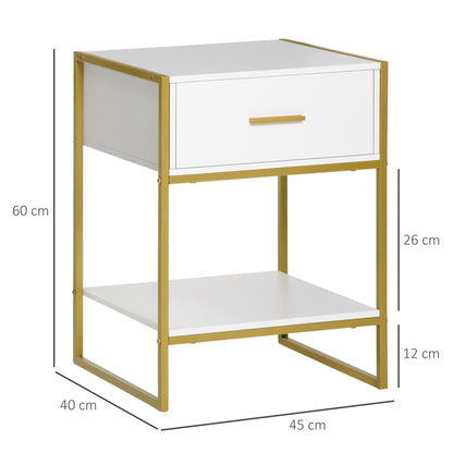 Set of 2 Modern Bedside Tables, 2 Bedside Tables for Bedroom and Living Room, with Drawer and Open Shelf, Modern Design, in MDF and Steel, 45x40x60cm, White and Gold