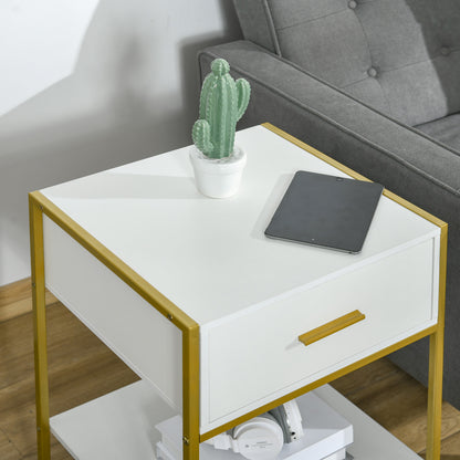 Set of 2 Modern Bedside Tables, 2 Bedside Tables for Bedroom and Living Room, with Drawer and Open Shelf, Modern Design, in MDF and Steel, 45x40x60cm, White and Gold