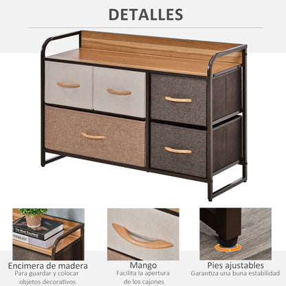 Fabric Dresser for Bedroom with 5 Foldable Drawers Wooden Top and Metal Frame for Living Room 87.5x29x58 cm Multicolor