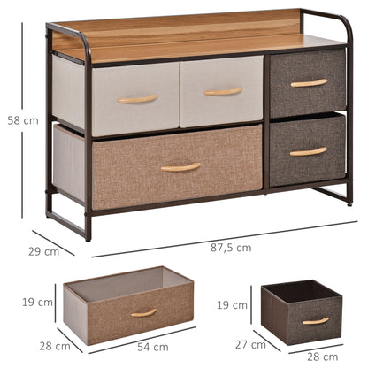Fabric Dresser for Bedroom with 5 Foldable Drawers Wooden Top and Metal Frame for Living Room 87.5x29x58 cm Multicolor