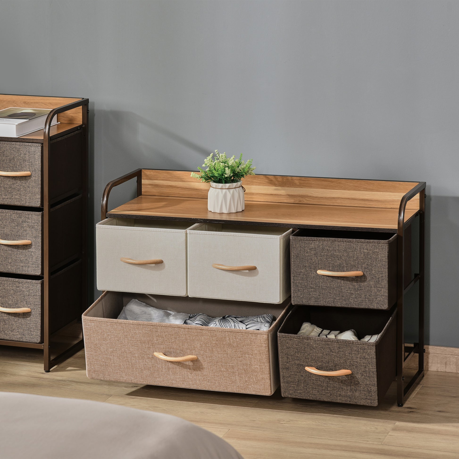 Fabric Dresser for Bedroom with 5 Foldable Drawers Wooden Top and Metal Frame for Living Room 87.5x29x58 cm Multicolor