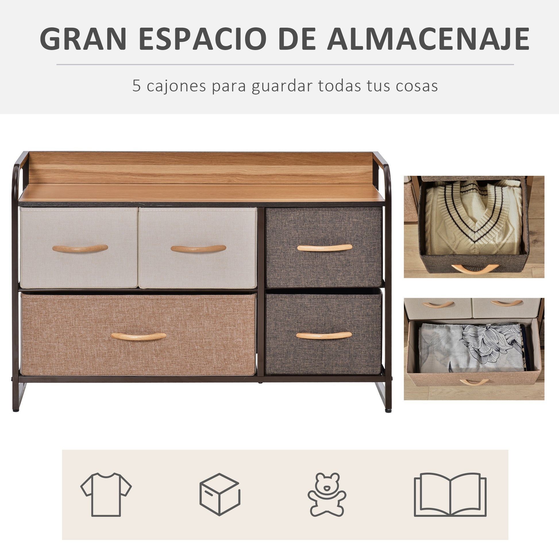 Fabric Dresser for Bedroom with 5 Foldable Drawers Wooden Top and Metal Frame for Living Room 87.5x29x58 cm Multicolor