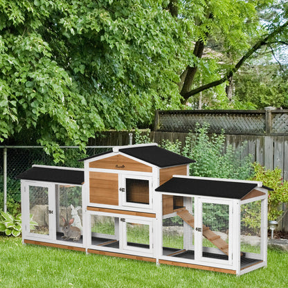 Small Animal Hutch Dwarf Rabbit Hutch with Run Ramp Guinea Pig Hutch Small Animal Cage with Asphalt Roof Outdoor Winterproof Pine Wood White 230 x 53 x 93.5 cm