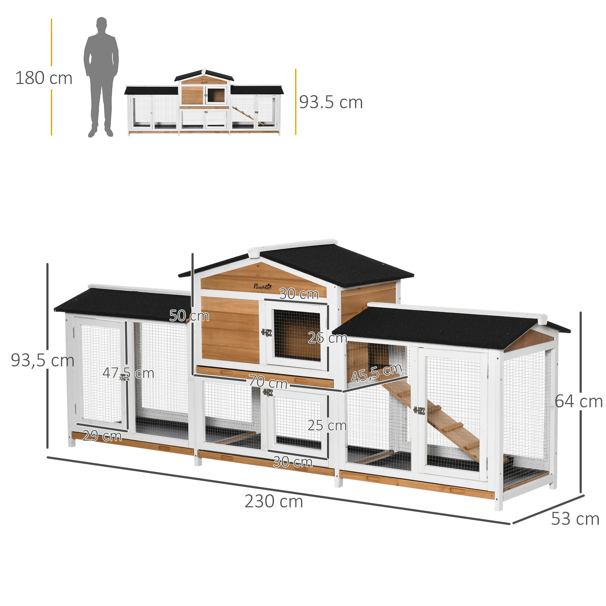 Small Animal Hutch Dwarf Rabbit Hutch with Run Ramp Guinea Pig Hutch Small Animal Cage with Asphalt Roof Outdoor Winterproof Pine Wood White 230 x 53 x 93.5 cm