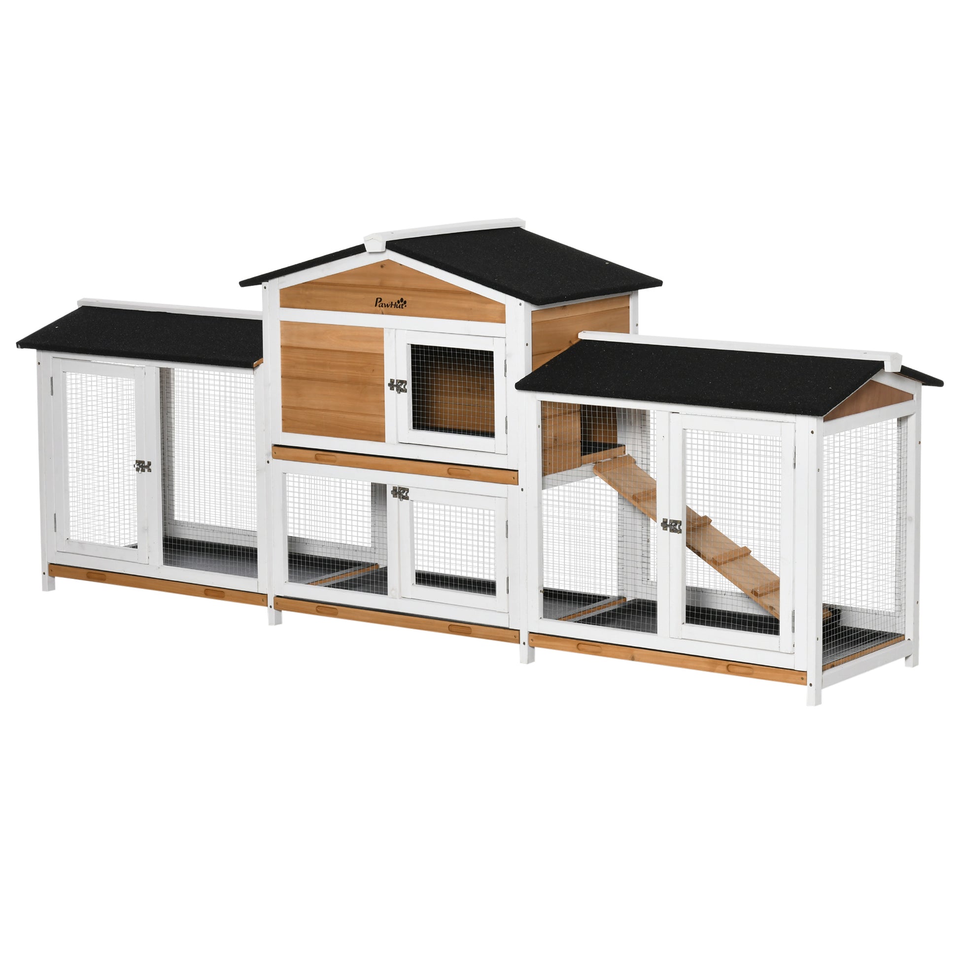 Small Animal Hutch Dwarf Rabbit Hutch with Run Ramp Guinea Pig Hutch Small Animal Cage with Asphalt Roof Outdoor Winterproof Pine Wood White 230 x 53 x 93.5 cm