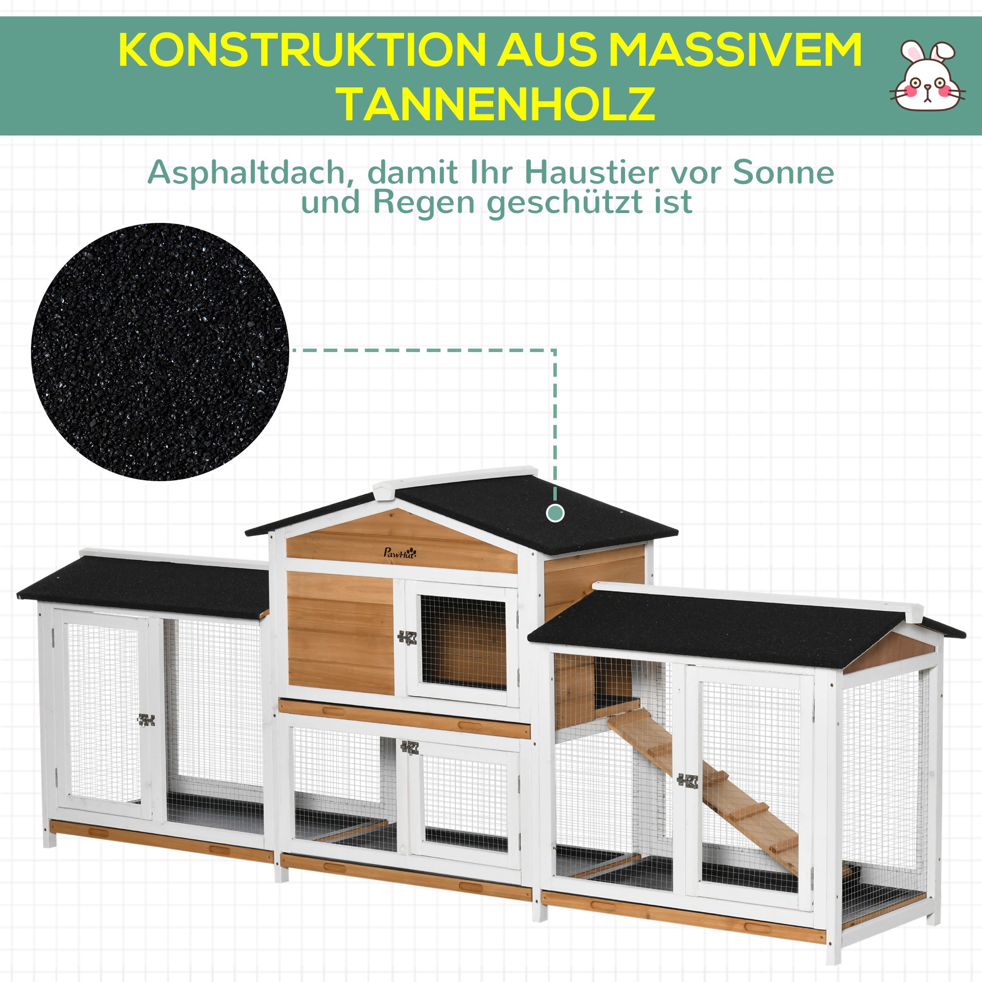 Small Animal Hutch Dwarf Rabbit Hutch with Run Ramp Guinea Pig Hutch Small Animal Cage with Asphalt Roof Outdoor Winterproof Pine Wood White 230 x 53 x 93.5 cm