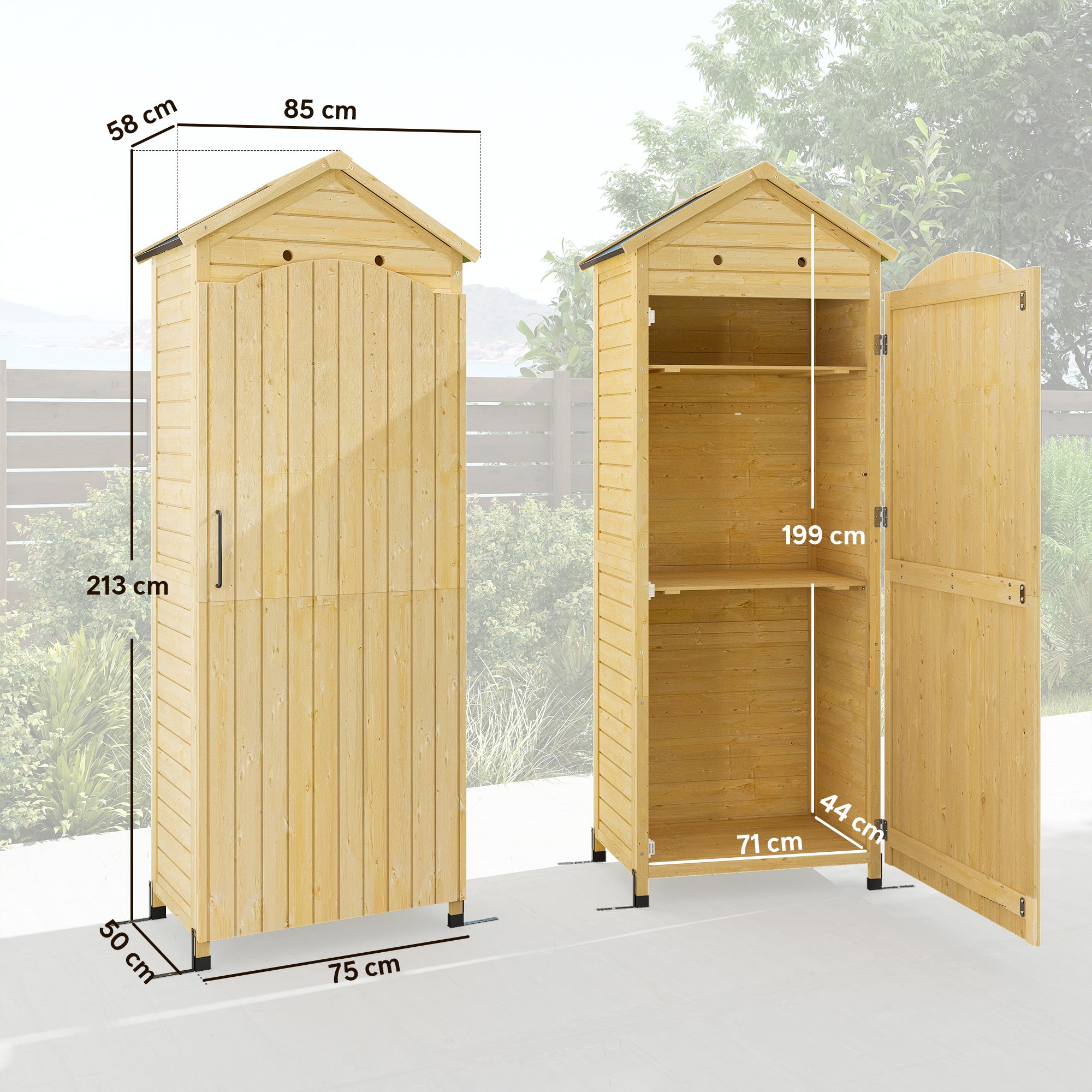 Natural Wood Garden Cabinet – 213 cm (84") High, Galvanized Metal Roof, Adjustable Shelves
