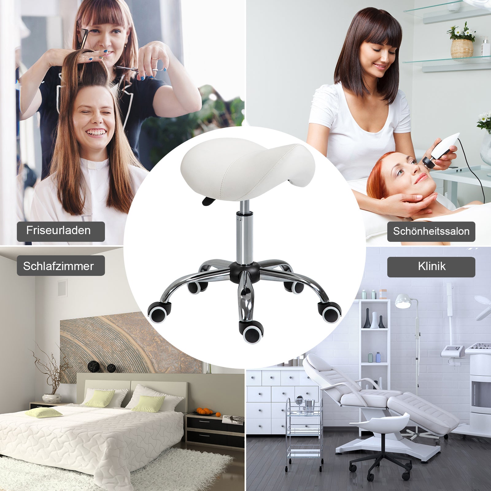 Saddle Stool Work Stool Swivel Stool Rolling Stool Beauty Stool Padded Height Adjustable (White)