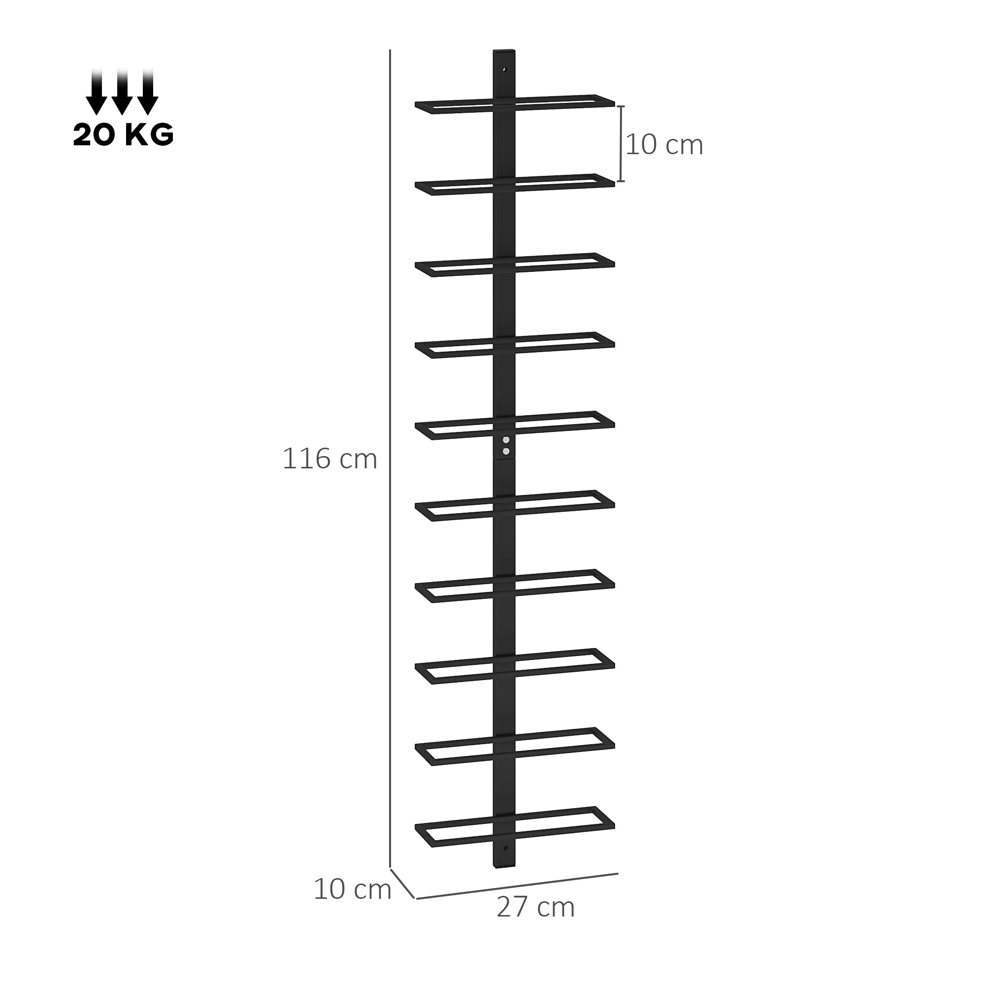 10-Level Wall-Mounted Wine Rack, Steel Wine Shelf for 10 Bottles, Wine Rack for Kitchen, Bar, Dining Room, Cellar, Black