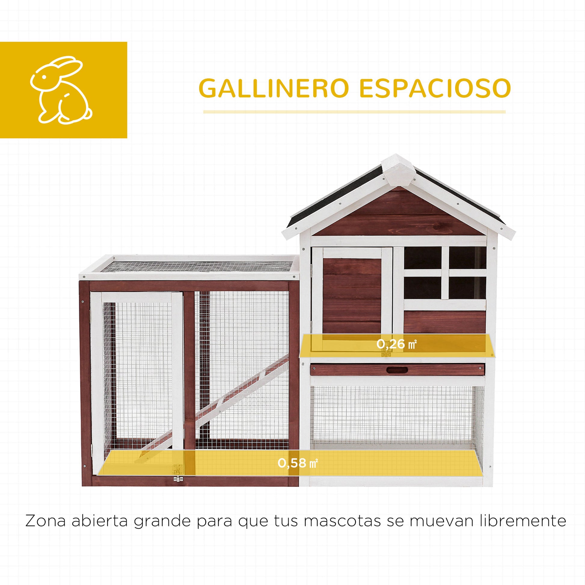 2-Level Wooden Rabbit Hutch with Open Area Asphalt Roof Removable Tray and Ramp Outdoor Rabbit Cage 122x62.6x92 cm Brown
