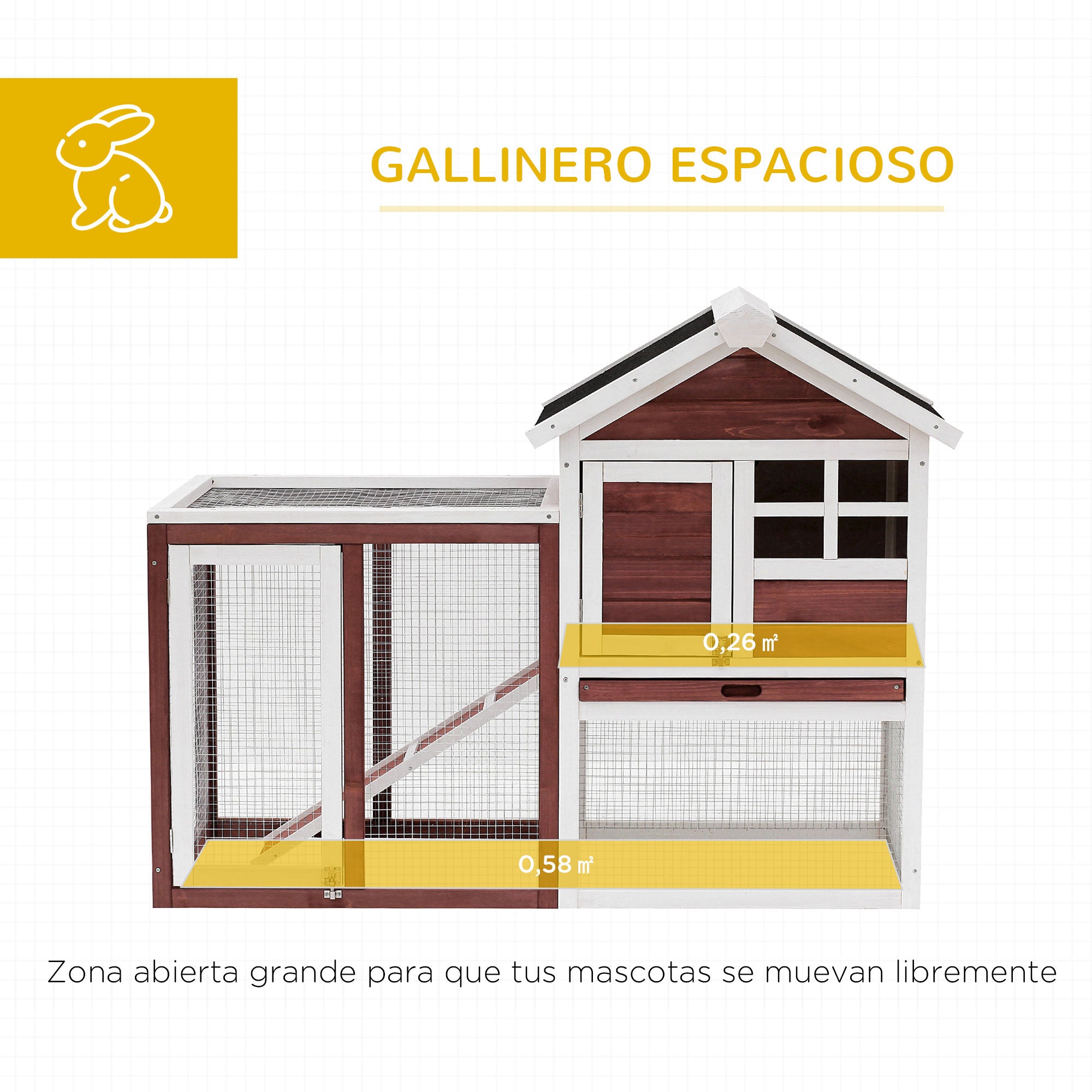 2-Level Wooden Rabbit Hutch with Open Area Asphalt Roof Removable Tray and Ramp Outdoor Rabbit Cage 122x62.6x92 cm Brown