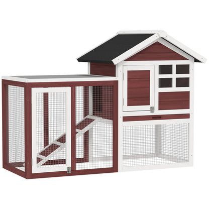 2-Level Wooden Rabbit Hutch with Open Area Asphalt Roof Removable Tray and Ramp Outdoor Rabbit Cage 122x62.6x92 cm Brown