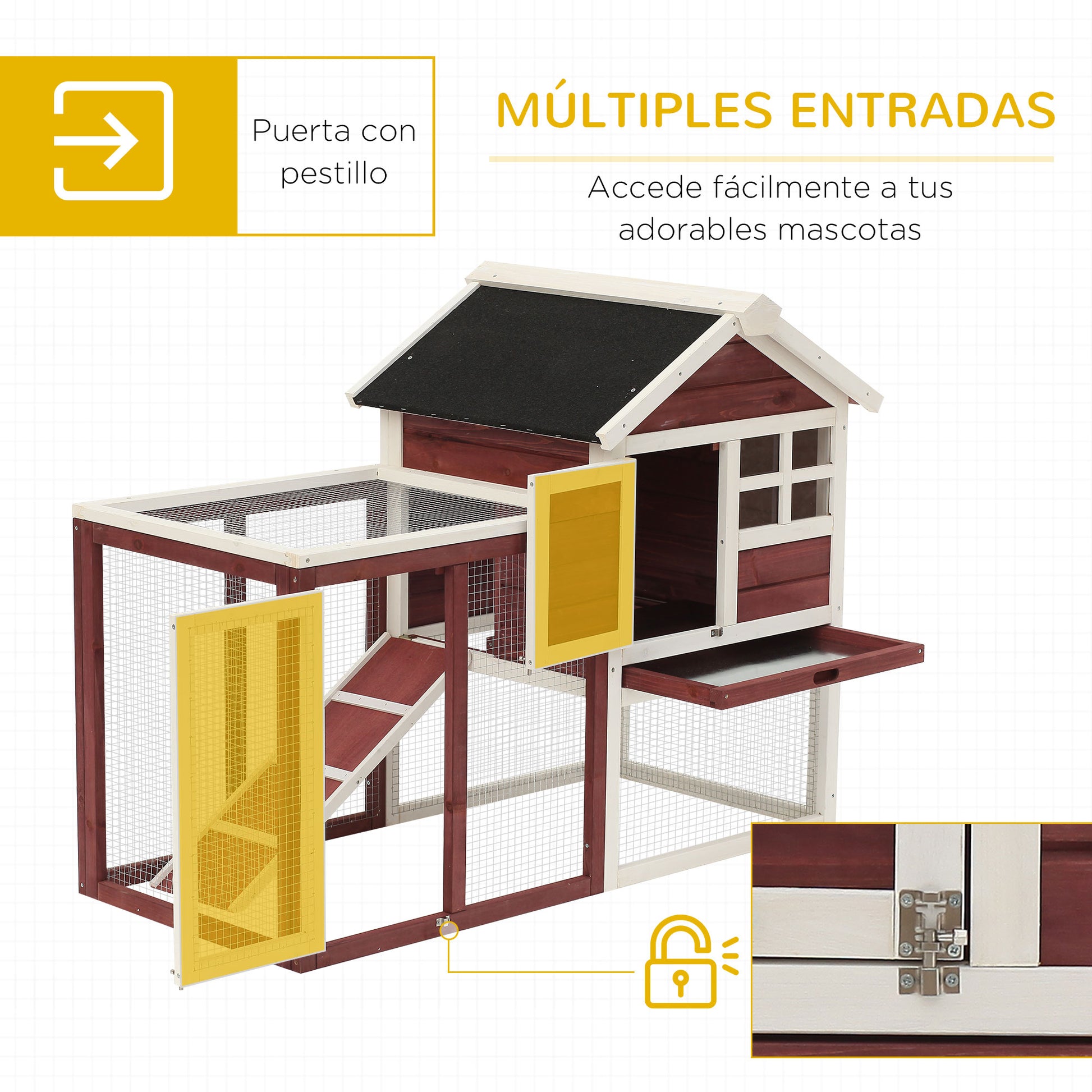2-Level Wooden Rabbit Hutch with Open Area Asphalt Roof Removable Tray and Ramp Outdoor Rabbit Cage 122x62.6x92 cm Brown