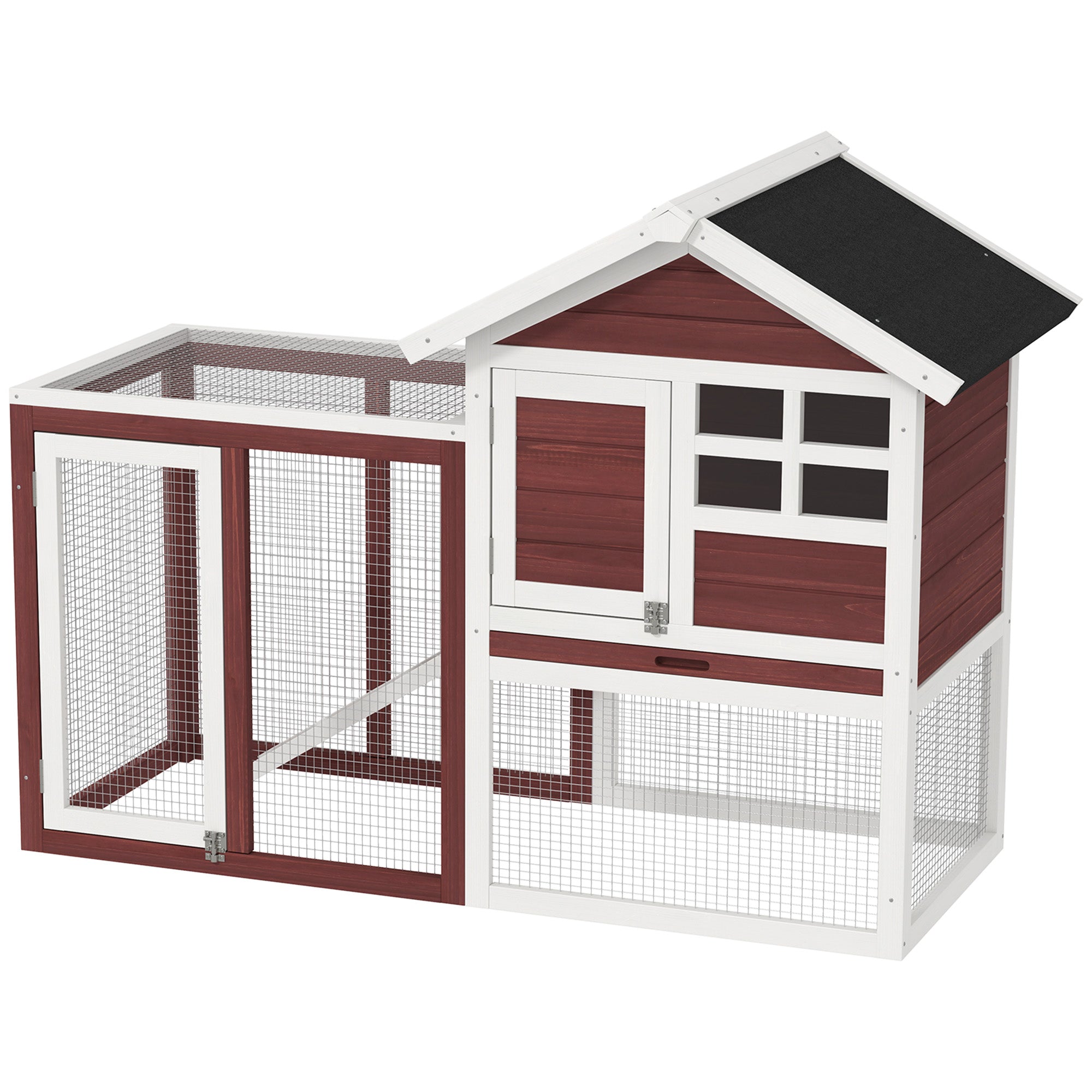 2-Level Wooden Rabbit Hutch with Open Area Asphalt Roof Removable Tray and Ramp Outdoor Rabbit Cage 122x62.6x92 cm Brown