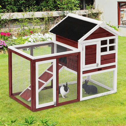 2-Level Wooden Rabbit Hutch with Open Area Asphalt Roof Removable Tray and Ramp Outdoor Rabbit Cage 122x62.6x92 cm Brown
