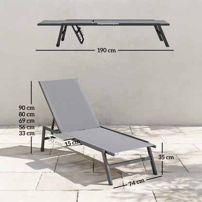 2-Piece Adjustable Sun Lounger Set with 5-Position Backrests, Side Tables & Wheels — Slip-Resistant Feet, Up to 265 lb, Outdoor Chaise for Pool & Beach, Gray
