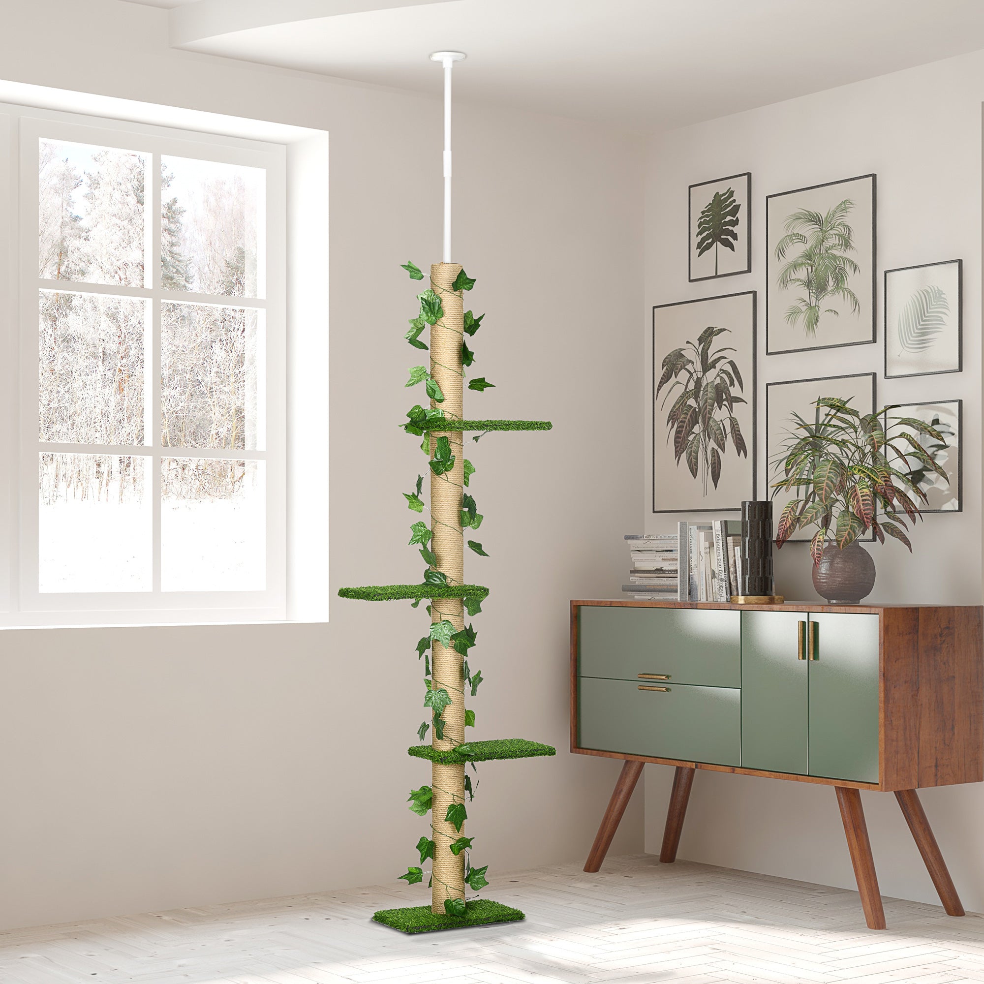 Cat Tree, Floor-to-Ceiling Cat Scratching Post, 202-242 cm, Climbing Tree, Adjustable Height Cat Tree, Play Tree with Tilt Protection, Jute, Green+Yellow