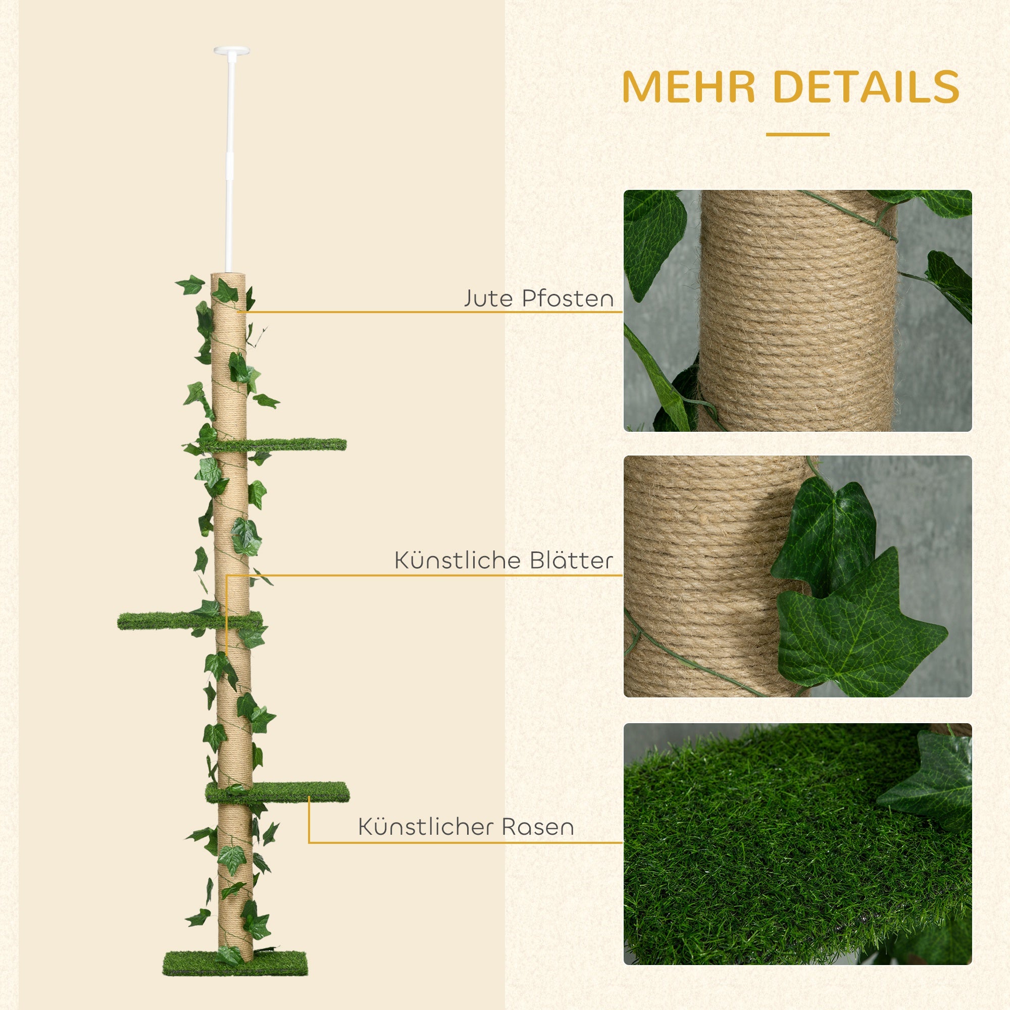 Cat Tree, Floor-to-Ceiling Cat Scratching Post, 202-242 cm, Climbing Tree, Adjustable Height Cat Tree, Play Tree with Tilt Protection, Jute, Green+Yellow