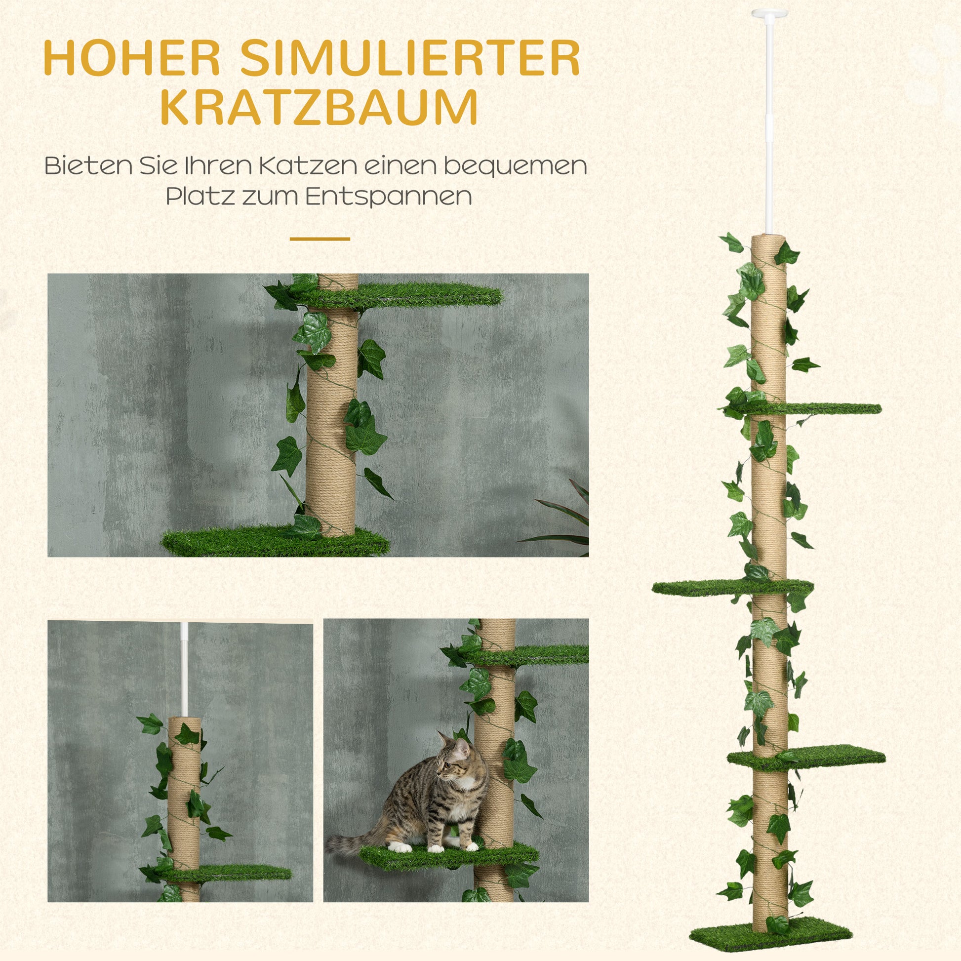 Cat Tree, Floor-to-Ceiling Cat Scratching Post, 202-242 cm, Climbing Tree, Adjustable Height Cat Tree, Play Tree with Tilt Protection, Jute, Green+Yellow