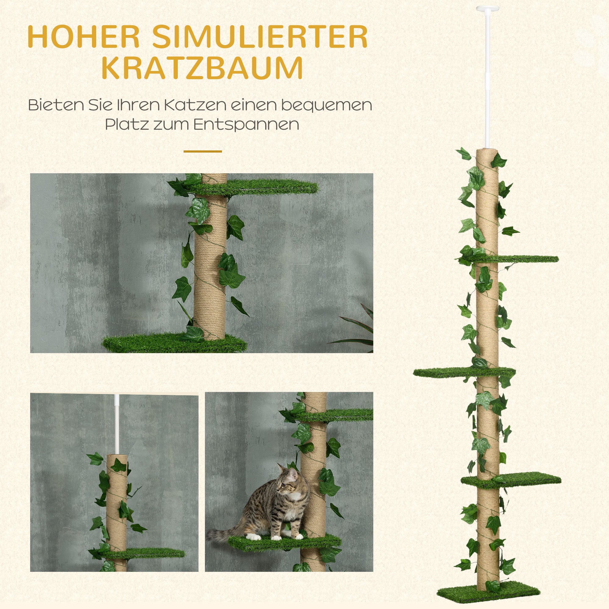 Cat Tree, Floor-to-Ceiling Cat Scratching Post, 202-242 cm, Climbing Tree, Adjustable Height Cat Tree, Play Tree with Tilt Protection, Jute, Green+Yellow