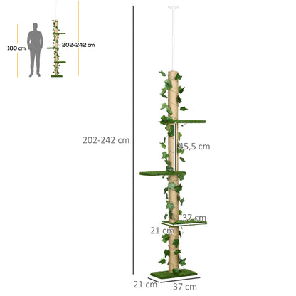 Cat Tree, Floor-to-Ceiling Cat Scratching Post, 202-242 cm, Climbing Tree, Adjustable Height Cat Tree, Play Tree with Tilt Protection, Jute, Green+Yellow
