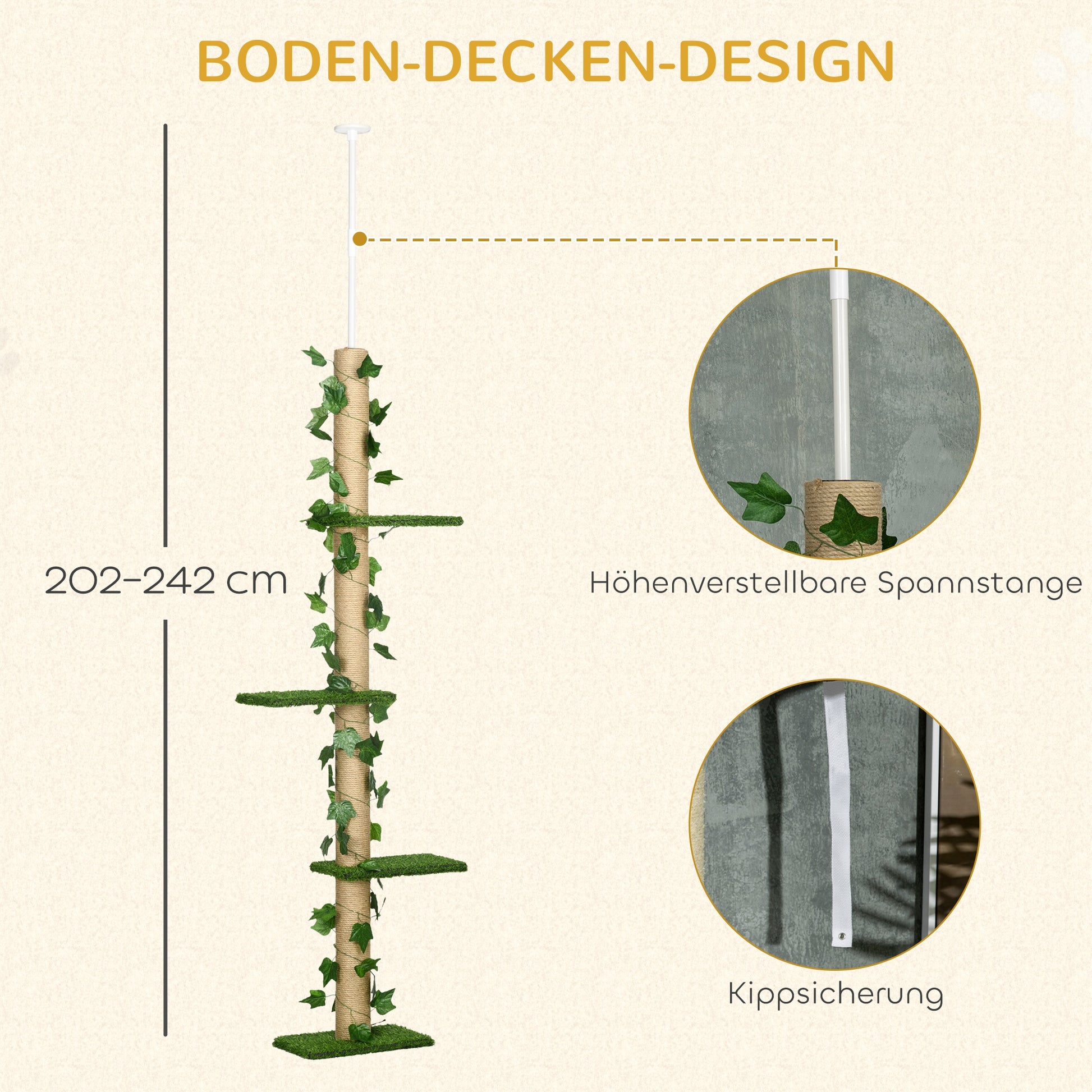 Cat Tree, Floor-to-Ceiling Cat Scratching Post, 202-242 cm, Climbing Tree, Adjustable Height Cat Tree, Play Tree with Tilt Protection, Jute, Green+Yellow