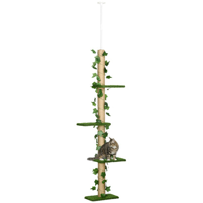 Cat Tree, Floor-to-Ceiling Cat Scratching Post, 202-242 cm, Climbing Tree, Adjustable Height Cat Tree, Play Tree with Tilt Protection, Jute, Green+Yellow