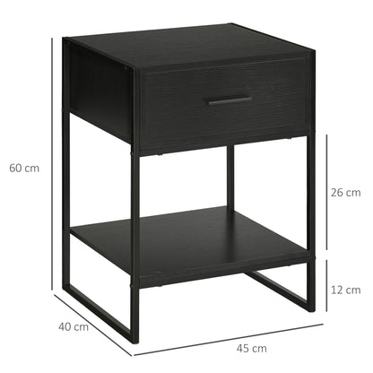 Set of 2 Modern Bedside Tables, 2 Bedroom and Living Room Bedside Tables, with Drawer and Open Shelf, Modern Design, in MDF and Steel, 45x40x60cm, Black