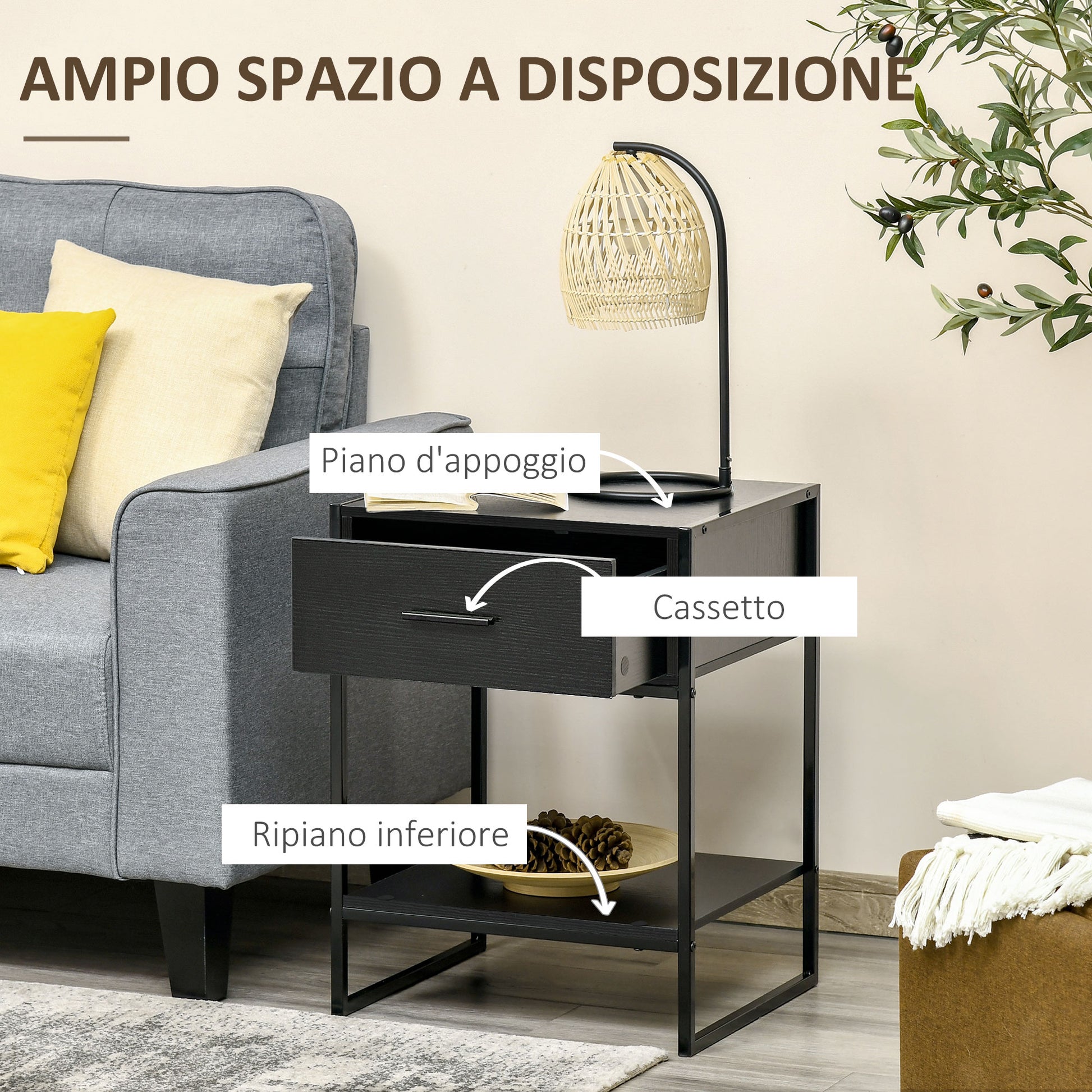 Set of 2 Modern Bedside Tables, 2 Bedroom and Living Room Bedside Tables, with Drawer and Open Shelf, Modern Design, in MDF and Steel, 45x40x60cm, Black