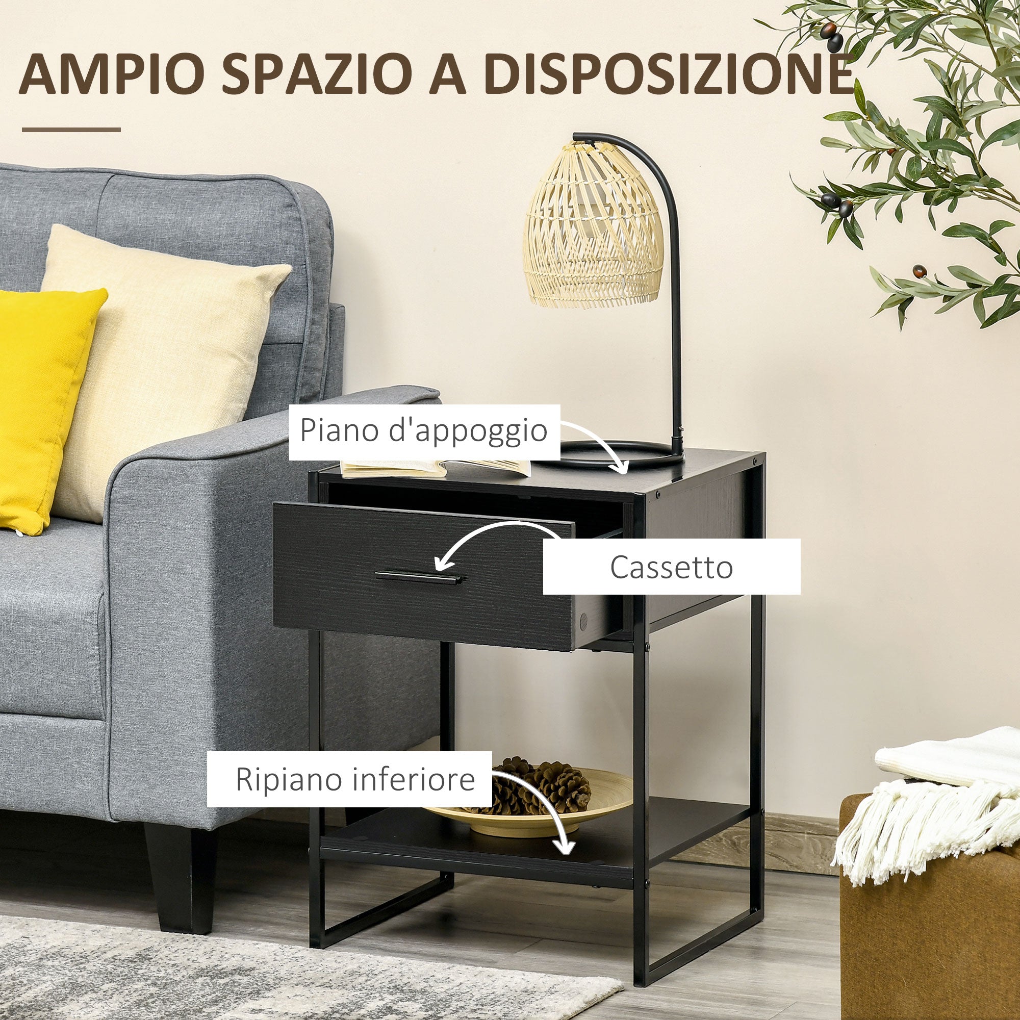 Set of 2 Modern Bedside Tables, 2 Bedroom and Living Room Bedside Tables, with Drawer and Open Shelf, Modern Design, in MDF and Steel, 45x40x60cm, Black