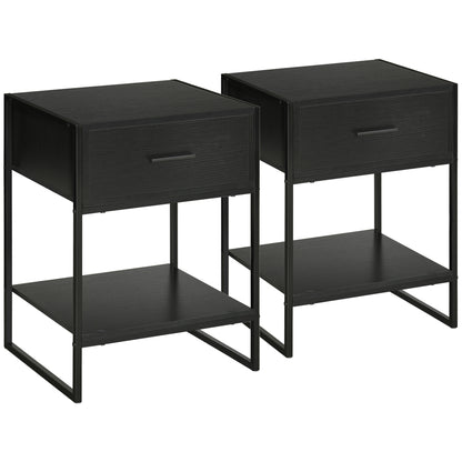 Set of 2 Modern Bedside Tables, 2 Bedroom and Living Room Bedside Tables, with Drawer and Open Shelf, Modern Design, in MDF and Steel, 45x40x60cm, Black