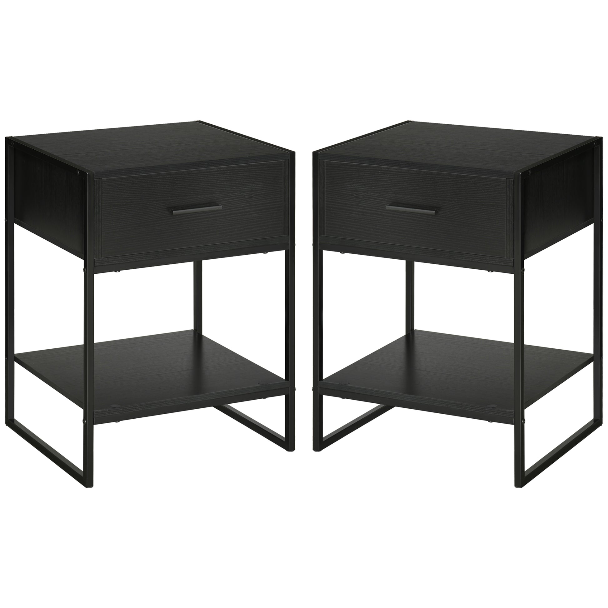 Set of 2 Modern Bedside Tables, 2 Bedroom and Living Room Bedside Tables, with Drawer and Open Shelf, Modern Design, in MDF and Steel, 45x40x60cm, Black